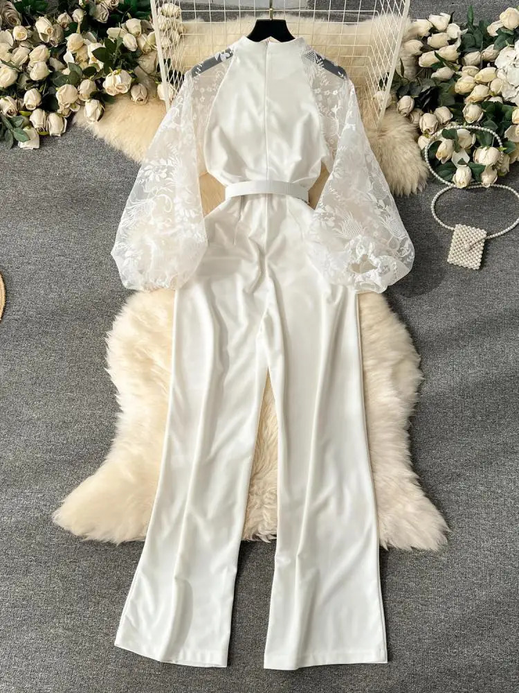 High Quality Black Lace Embroidery Bow Collar Slim Jumpsuit Women Autumn White Elegant Long Sleeve Wide Leg Bodysuit Pant French 240112
