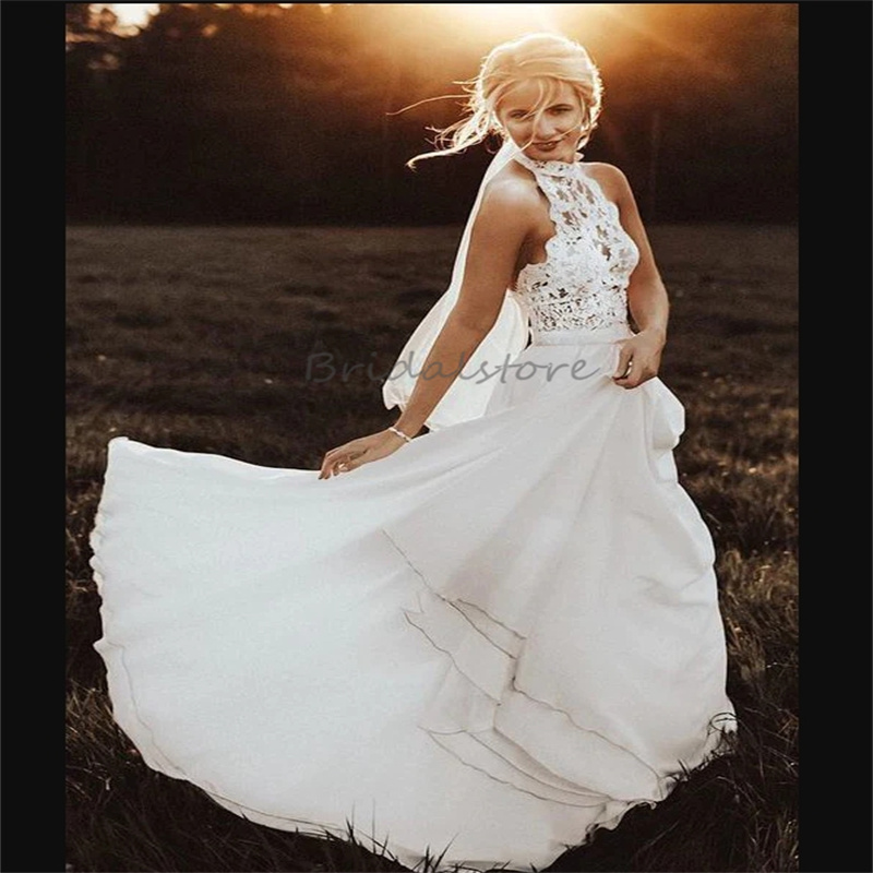 Fall White Bohemian Wedding Dress Halter Neck Illusion Lace Floor Length Chiffon Rustic Boho Bride Dress Sexy Fall Garden Country Bridal Dresses 2024 