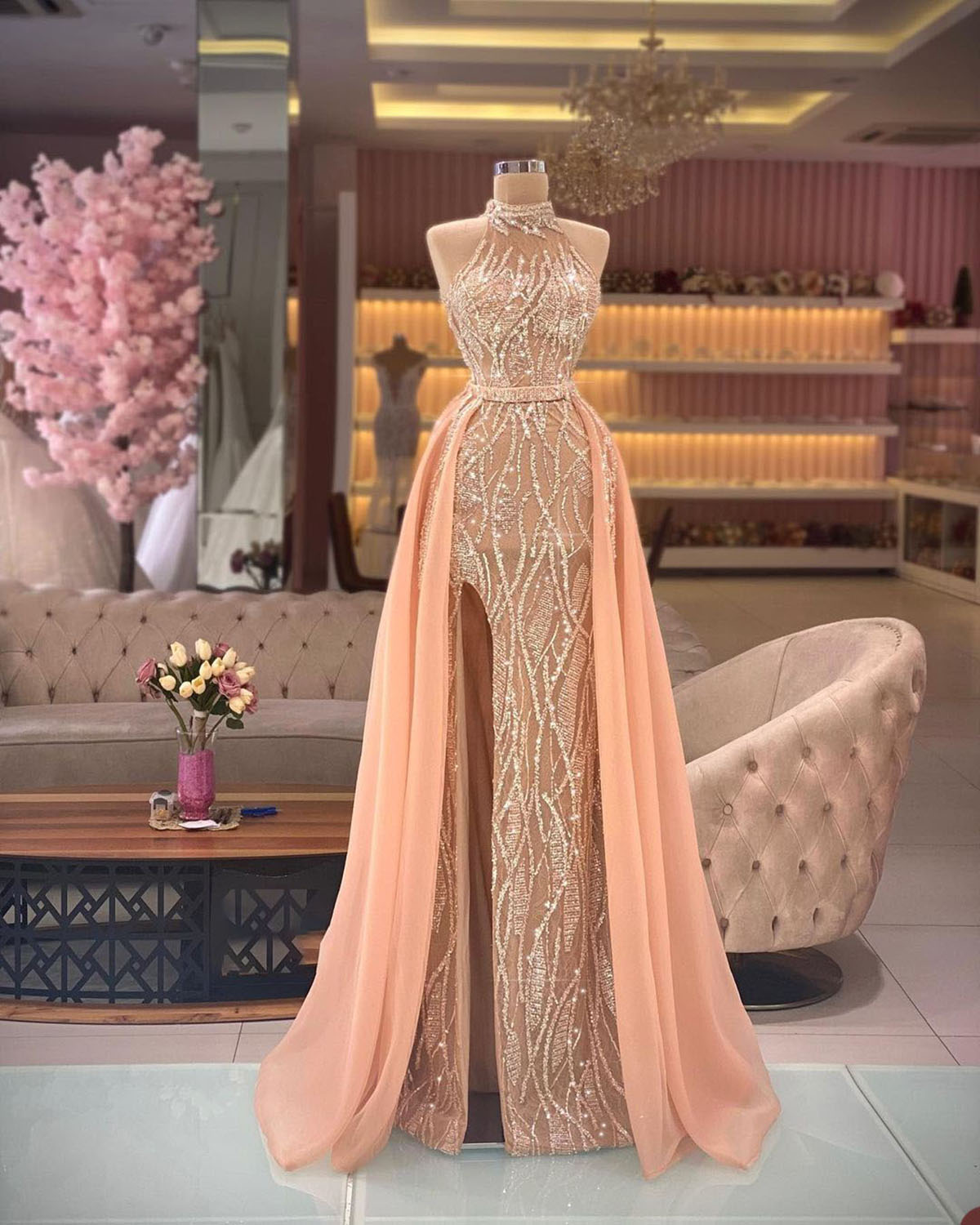 Elegant Evening Dresses Sequins Halter Sleeveless Prom Gowns For Women Slim Fit Detachable Train Skirt For Party Custom Made