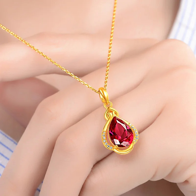 Plated Real 24K Gold Necklace Saffron Red Water Drop Pendant Women's Fashion Clavicle Chain Gift Accessories 999 18K Gold Jewelr 240111