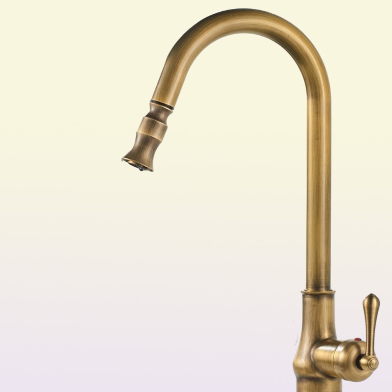 Europe Antique Brass Mixer Pull Out and Cold Water Tap Sink Swivel 360 Degree Mixer Pull Down Kitchen Faucets Single Hole T2001239640