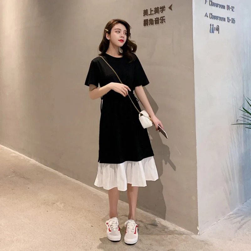 Maternity Dresses Summer Clothes for Pregnant Women Fashion Contrast Loose Fitting Midlength Womens Casual Pregnancy Clothing 240111