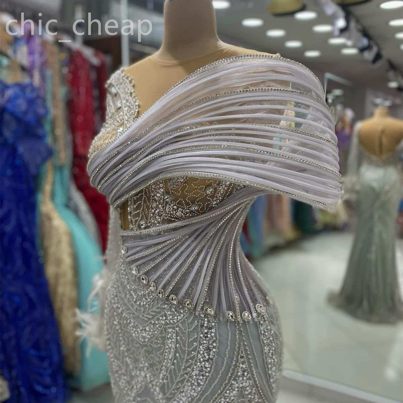2024 Aso Ebi Sier Mermaid Prom Dress Sheer Neck Beaded Crystals Evening Formal Party Second Reception Birthday Engagement Gowns Dresses Robe De Soiree