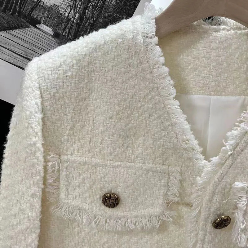 Lucyever French Style Tweed Jacket Coats Women Elegant VNeck Single Breasted Outerwear Woman Korean Fashion Black White Jackets 240112
