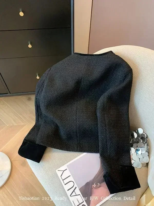 GkyocQ French Small Perfume Style Splicing Velvet Black Short Jacket Female Fall Elegant Niche Fashion Temperament Coat 240112