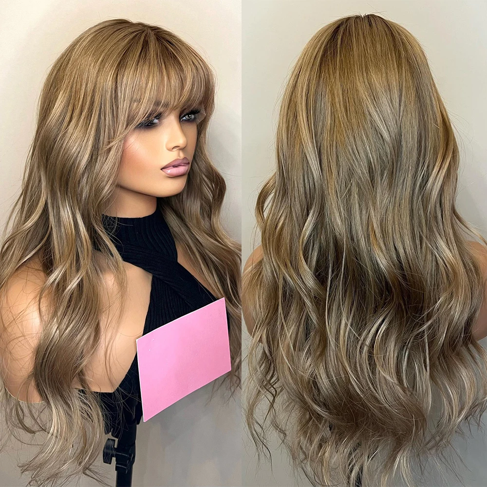 Free shipping Indian Transparent Lace Front Human Hair for Women with Bangs Glueless Fringe Ash Blonde Body Wave Long Synthetic Wigs