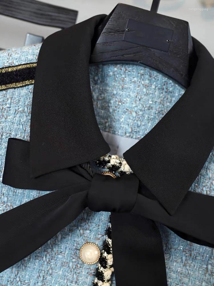 Work Dresses Autumn Winter Tweed Skirt 2Pcs Suit Color Block Bow Lapel Coat