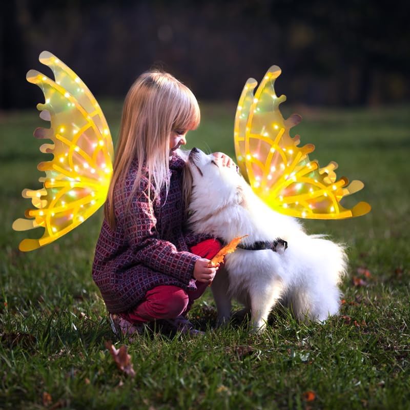 Electric Fairy Wings with LED Lights,Pets Glowing Elf Angel Wings with Magic Wand Princess Crown for Kids Pets Costumes