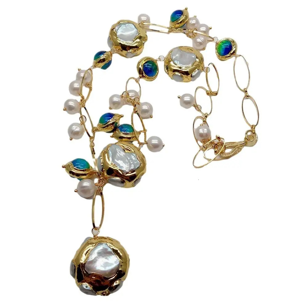 YYGEM Blue Murano Glass Freshwater Cultured White Keshi Pearl Gold Filled Chain Necklace 21 240111