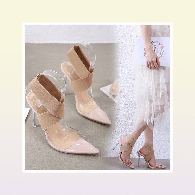 Plus size 35 to 40 41 42 elastic band cross strap nude transparent PVC clear high heels luxury women designer shoes Come