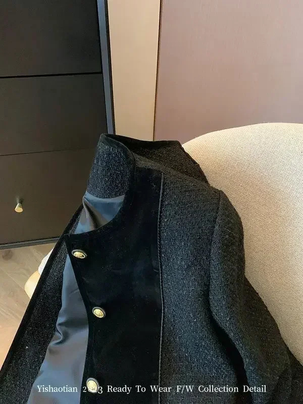 GkyocQ French Small Perfume Style Splicing Velvet Black Short Jacket Female Fall Elegant Niche Fashion Temperament Coat 240112
