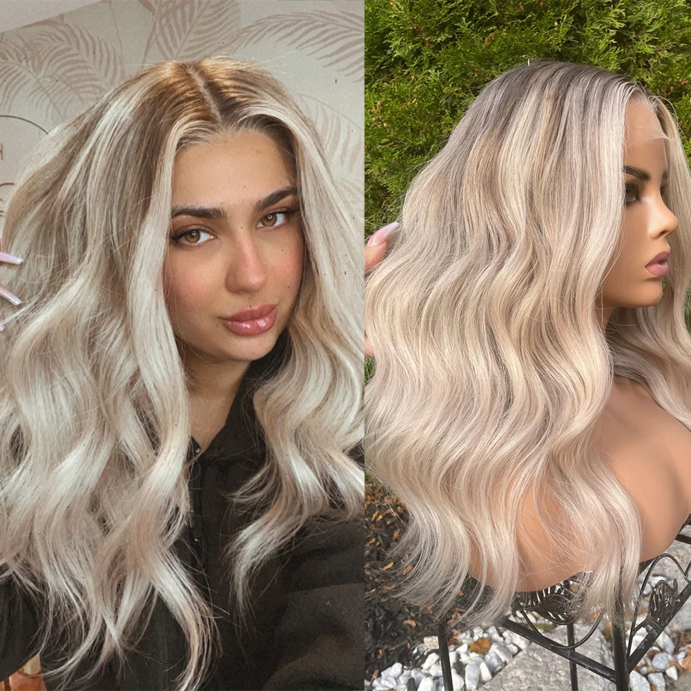 180density Highlight Ash Blonde Root Lace Front Human Hair Wig 40inches Water Wave Lace Front Wig HD Invisible Full Lace Synthetic Wig for Women