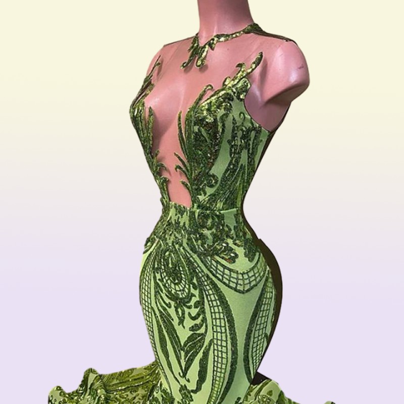 Sparkly Sequins Olive Green Mermaid African Prom Dresses Black Girls Jewel Neck Illusion Long Graduation Dress Plus Size Formal Se