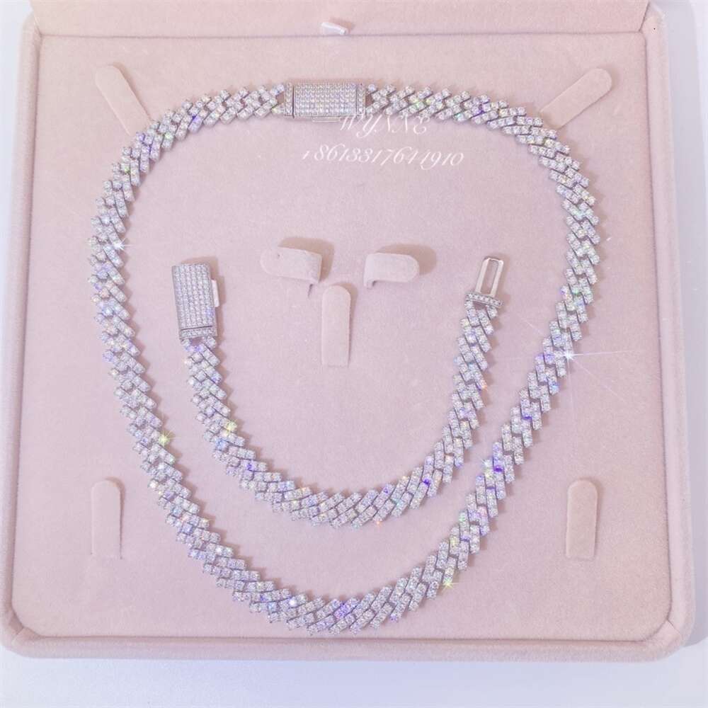 Hotsale 925 Sterling Silver Prong Setting Iced Out Vvs Moissanite Diamond Cuban Link Chain Set