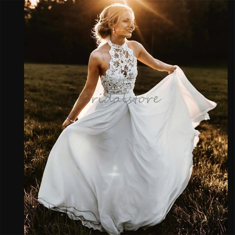 Fall White Bohemian Wedding Dress Halter Neck Illusion Lace Floor Length Chiffon Rustic Boho Bride Dress Sexy Fall Garden Country Bridal Dresses 2024 