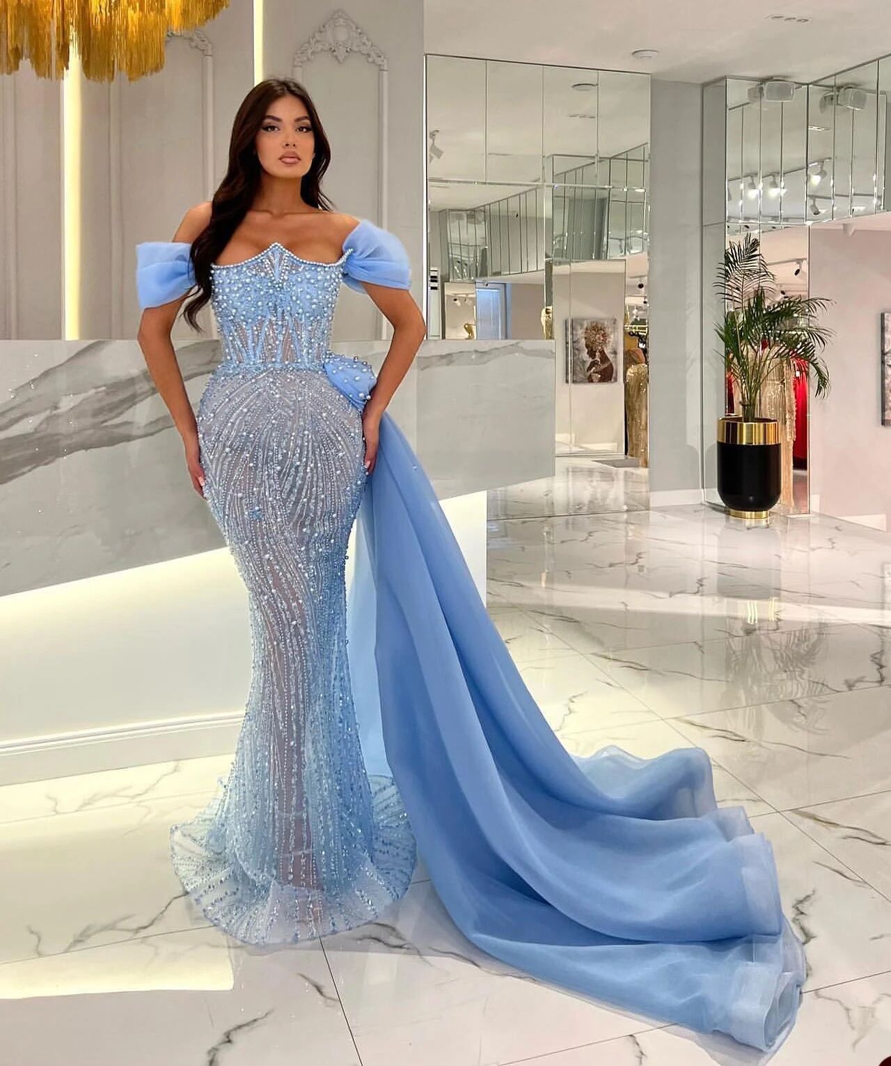 Luxury Pearls Mermaid Evening Dresses Off Shoulder Prom Detachable Train Sequined Beaded Formal Party Dress for Special Occasion