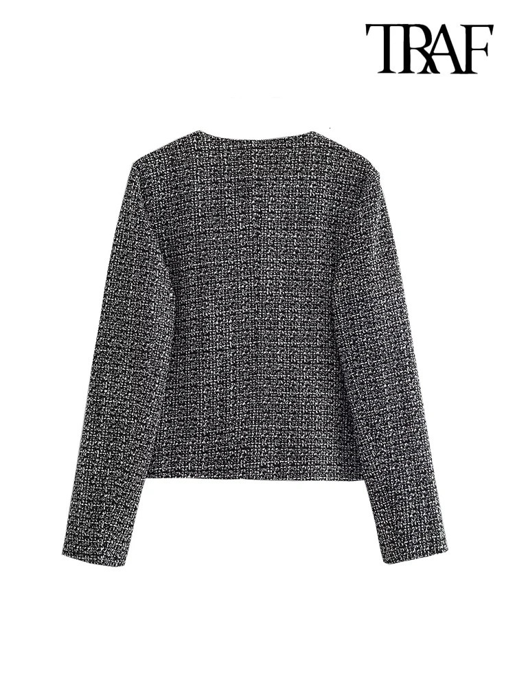 TRAF Women Fashion With Pockets Tweed Jack Coat Vintage Long Sleeve Front Button Female Outerwear Chic Tops 240112