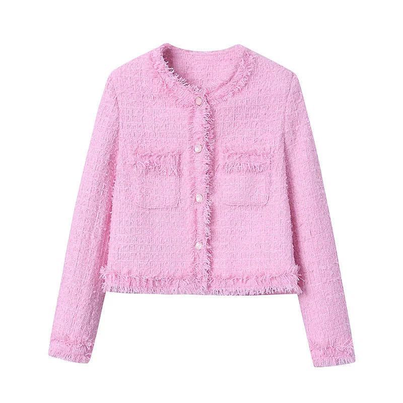Pink Fringe Fur Shoulder Pad Tweed Jacket Blazer Boucle Crop Coat for Women Spring 240112