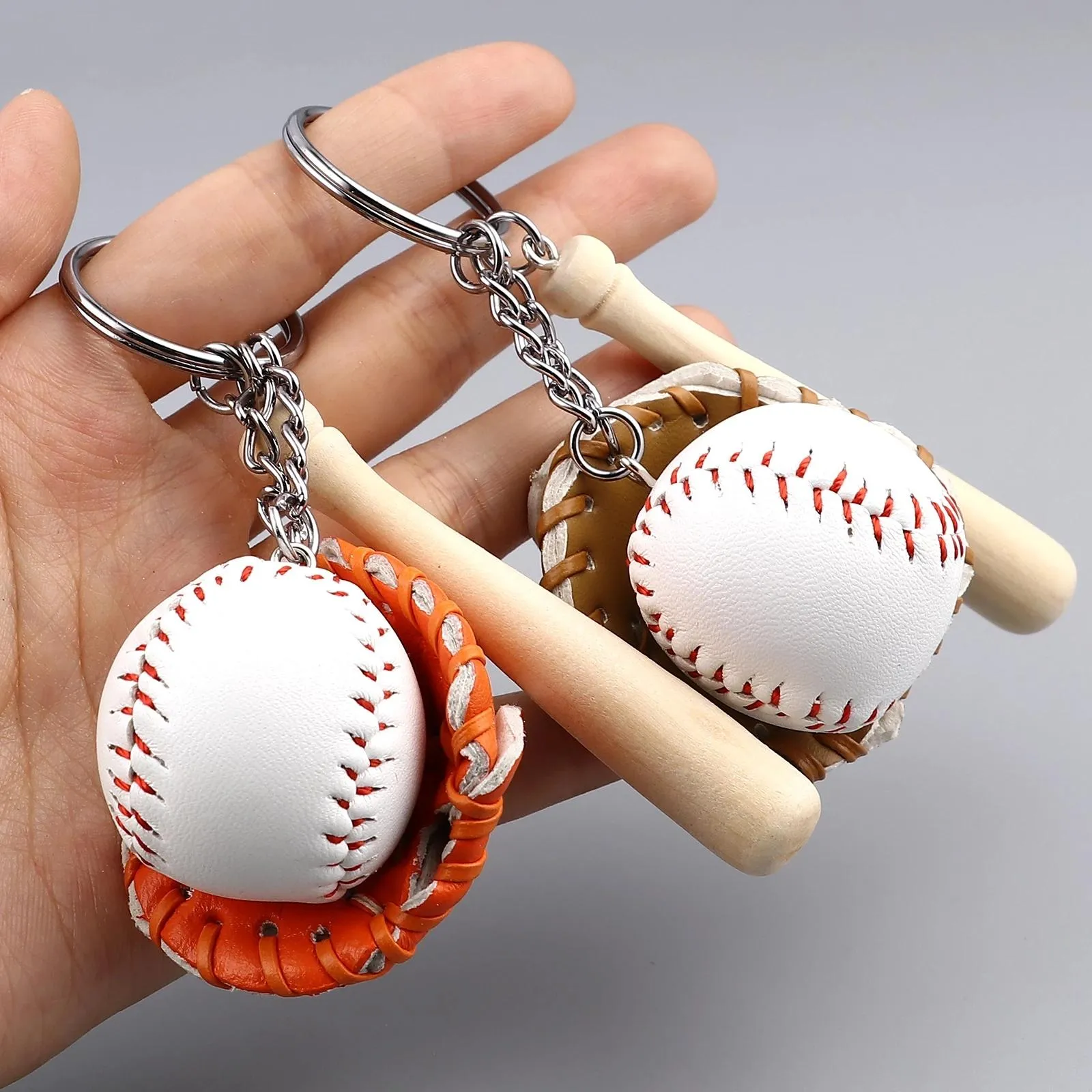 Mini Three-Piece Party Baseball Glove Wooden Bat Keychain Sports Car Chain Key Ring Gift For Man Women 0112