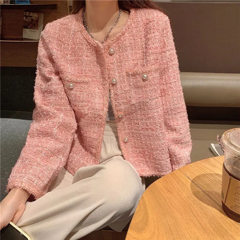 Pink Tweed Coat for Women Temperament Gentle Single Breasted Short Jackets Fashion Autumn Warm Outerwear 240112