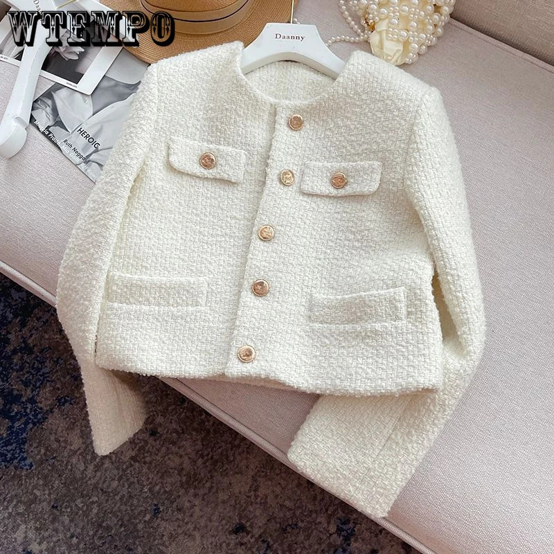 WTEMPO Korean Chic Female Tweed Basic Button Up Jacket Coat Women Autumn Winter Clothing Runway Style Woolen Outerwear 240112