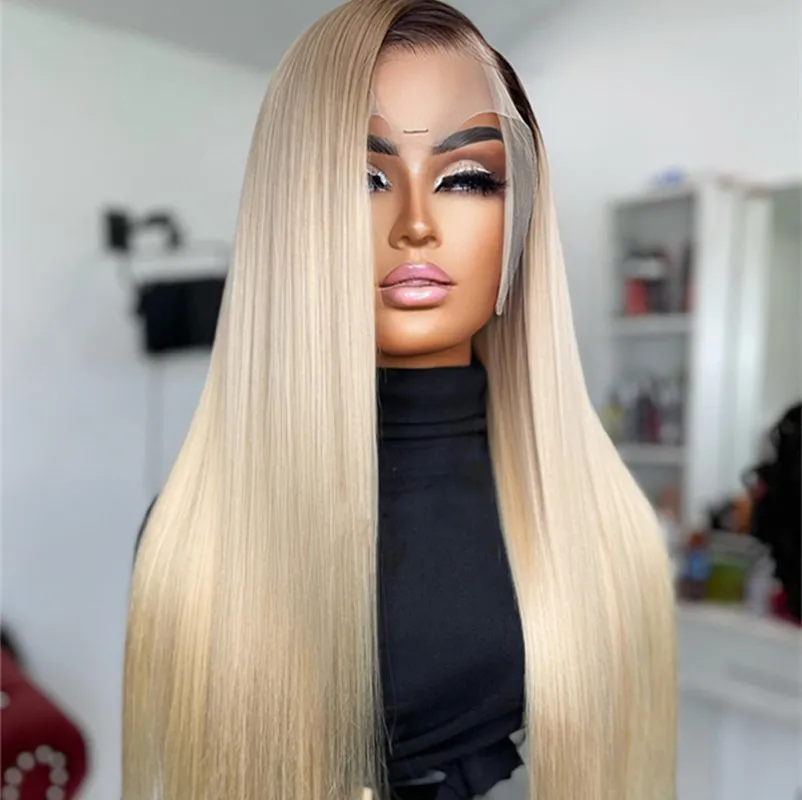 Brown Root Brazilian Virgin Straight Frontal Wigs For Women Ombre Blonde Lace Front Wig Synthetic Preplucked 250820