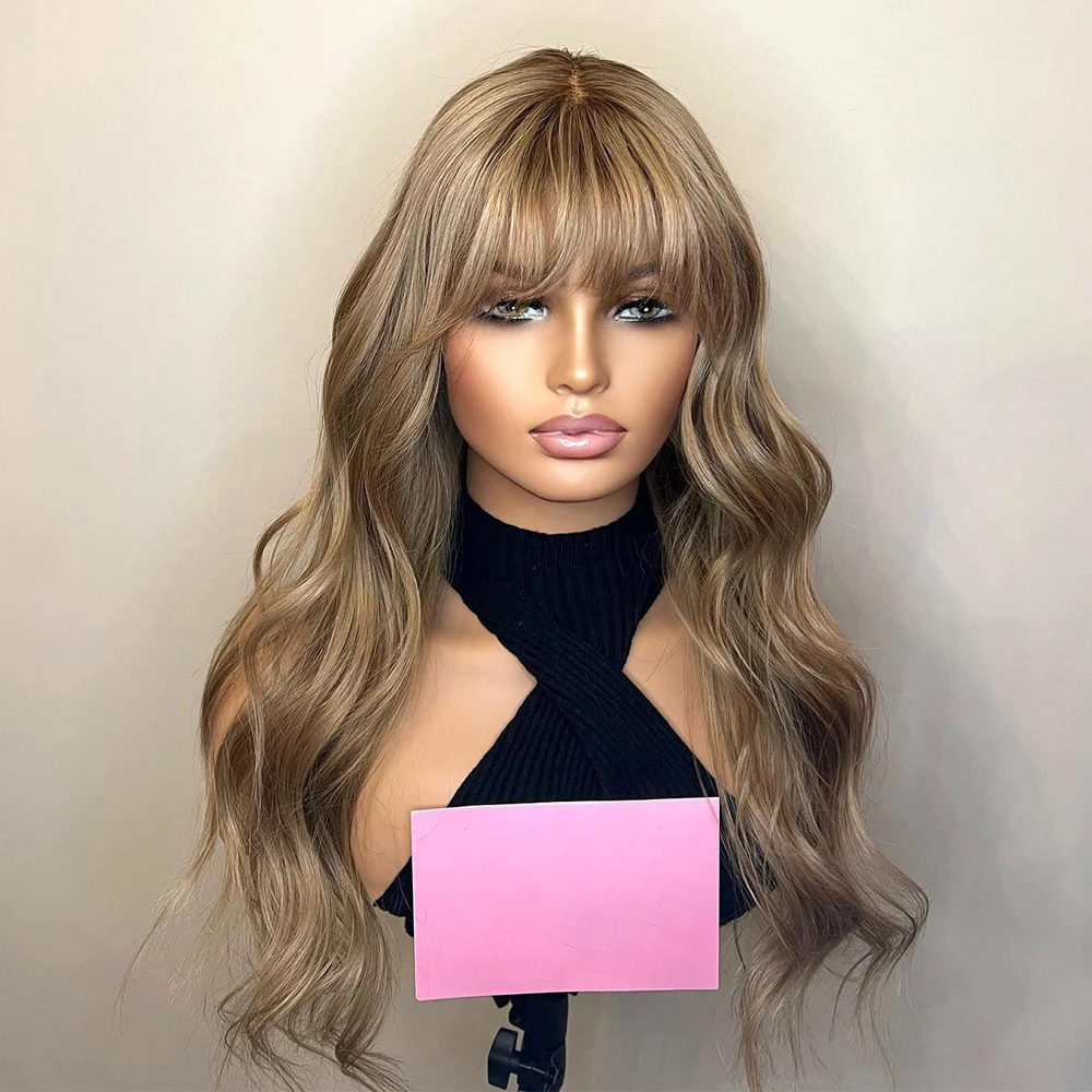 Free shipping Indian Transparent Lace Front Human Hair for Women with Bangs Glueless Fringe Ash Blonde Body Wave Long Synthetic Wigs