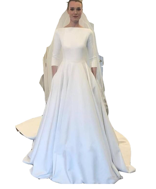 2024 Bohemian Western Country A Line Wedding Dresses Vintage Sexy Jewel Neck Satin 3/4 Long Sleeves Bridal Gowns Robes de Mariee Sweep Train Button Ba