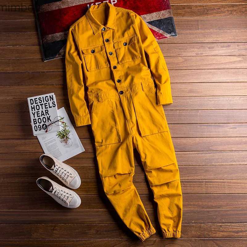 Men's Jeans Spring Overalls Men's Jumpsuit Loose Long Sleeve Cotton Cargo Pants Black Yellow Workwear Trousers Working Uniform RompersL24011