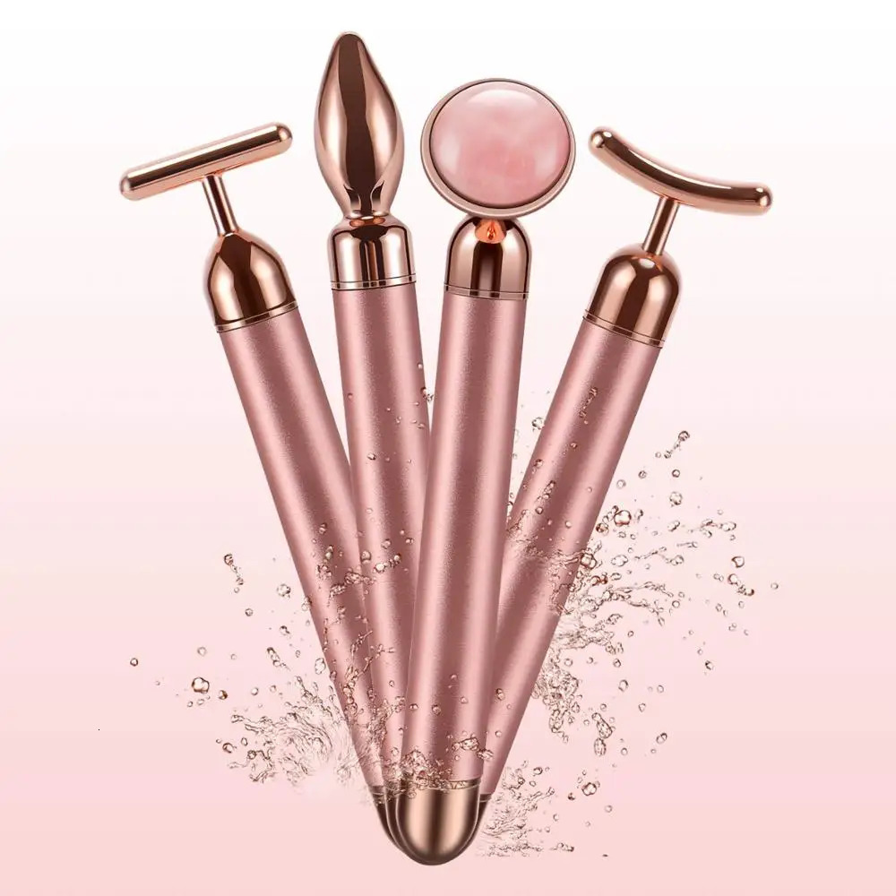 4 in 1 Vibrating Rose Quartz Roller Face Roller Eye Massager Jade Roller T/V Shaped Face Lifting Slimming Beauty Care Massager 240112