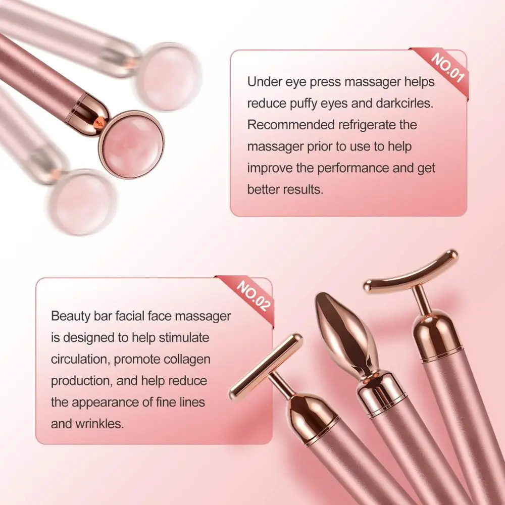 4 in 1 Vibrating Rose Quartz Roller Face Roller Eye Massager Jade Roller T/V Shaped Face Lifting Slimming Beauty Care Massager 240112