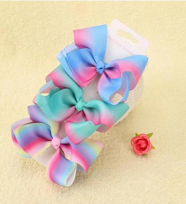 100pcs jojo Xmas Romantic 9cm Pastel flora ombre Rainbow ribbon hair bows Alligator clips Dance hair bobbles headwear Accessories ZZ