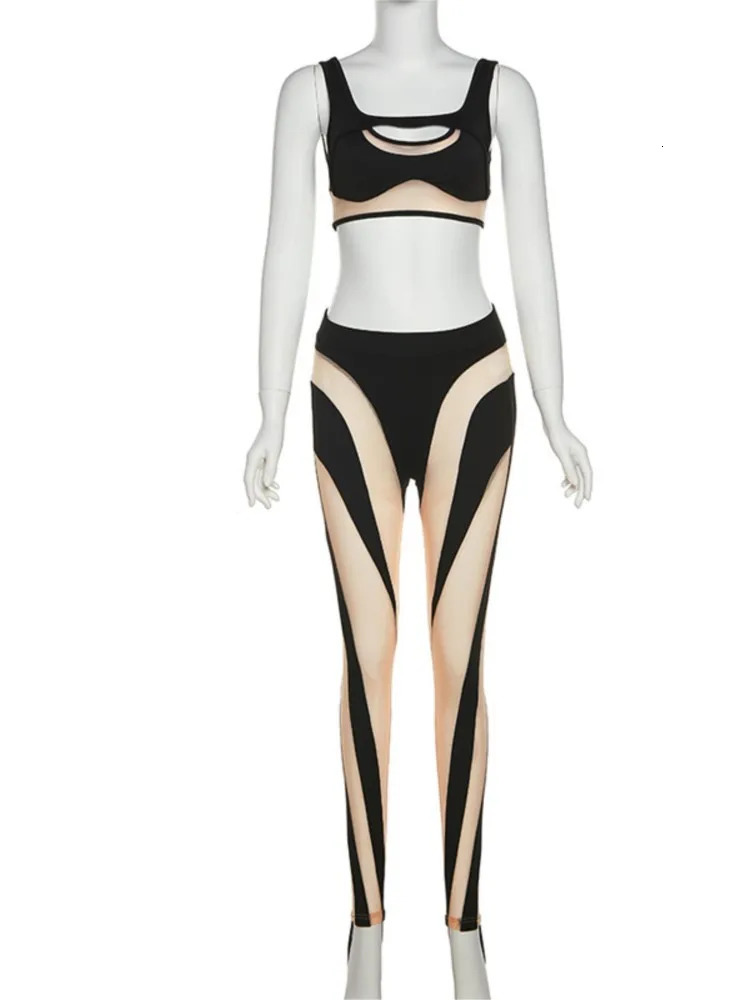 summer two piece set for women leggings matching set Sleeveless Sheer Mesh See Through Bodycon Jumpsuit women baddie outfits y2k 240112