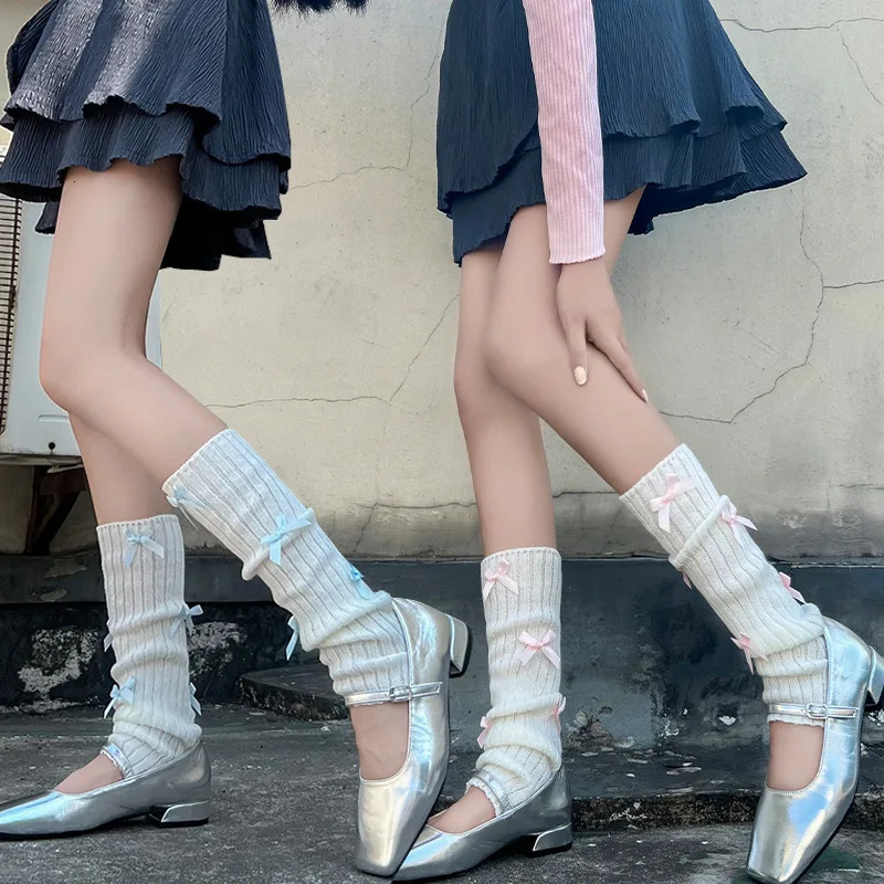 Girls Knitted Stacked Socks Fashions Ballet Style Bows Leg Warmers for Kids School Stockings Autumn Winter Teen Children Clothes 240111