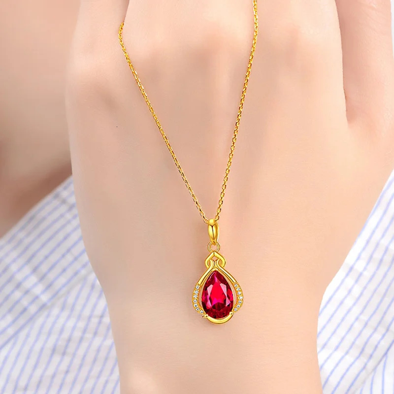 Plated Real 24K Gold Necklace Saffron Red Water Drop Pendant Women's Fashion Clavicle Chain Gift Accessories 999 18K Gold Jewelr 240111