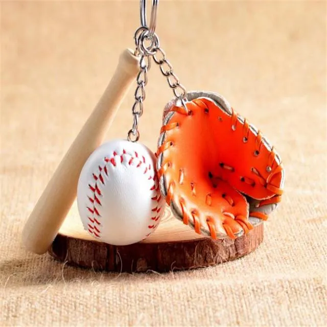 Mini Three-Piece Party Baseball Glove Wooden Bat Keychain Sports Car Chain Key Ring Gift For Man Women 0112