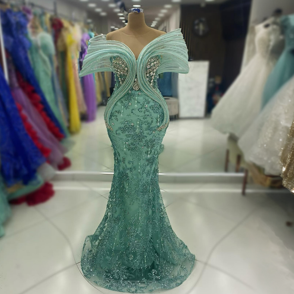 Mint Aso Ebi Prom Dresses For Black Women Lace Sheer Neck Mermaid Beaded Formal Evening Birthday Party Dress Second Reception Gowns Vestido De Sorrie 