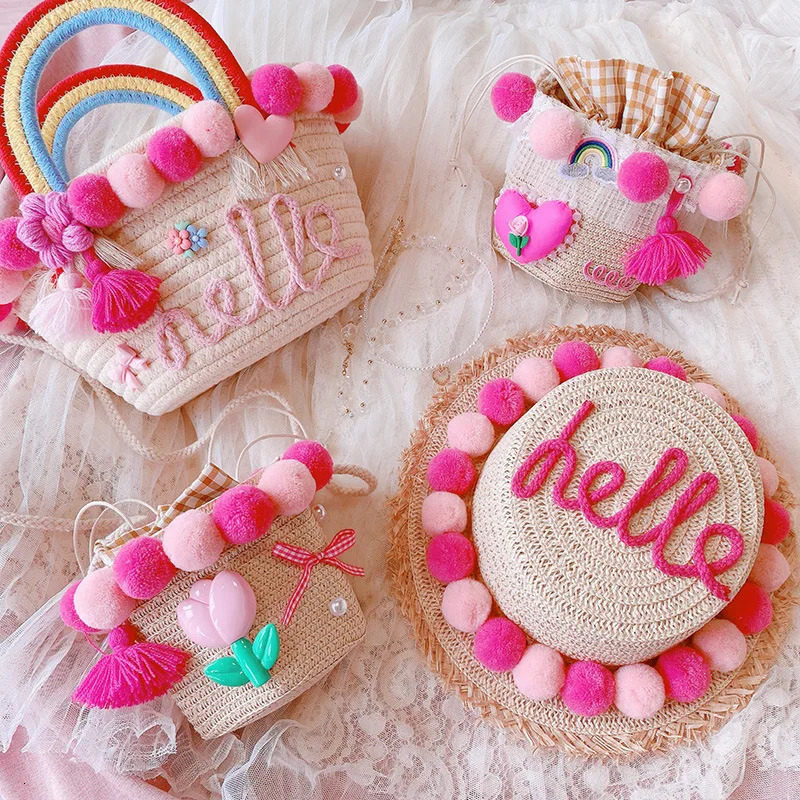 Korean Style Colorful Lace Beach Bag For Children Tulip Vanilla Hat Bucket Bag Summer Weave Handbag Kids Bags Accessories 240111