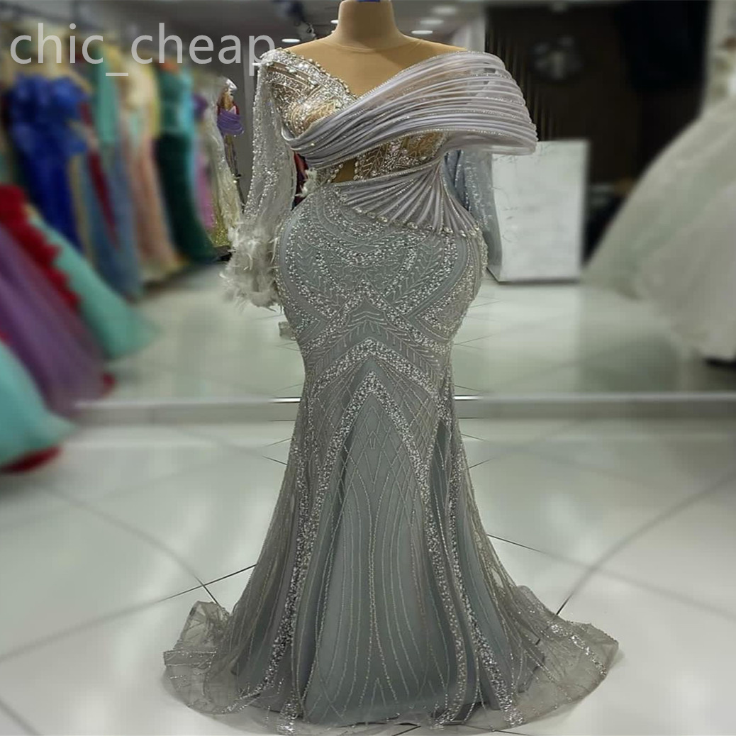 2024 Aso Ebi Sier Mermaid Prom Dress Sheer Neck Beaded Crystals Evening Formal Party Second Reception Birthday Engagement Gowns Dresses Robe De Soiree