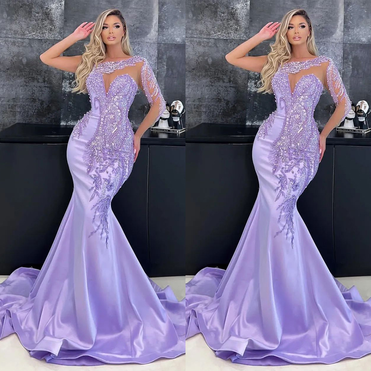 Exquisite One Shoulder Mermaid Evening Dresses Pearls Sequined Prom Dress Long Sleeves Plus Size Custom Made Special Occasion Dresses