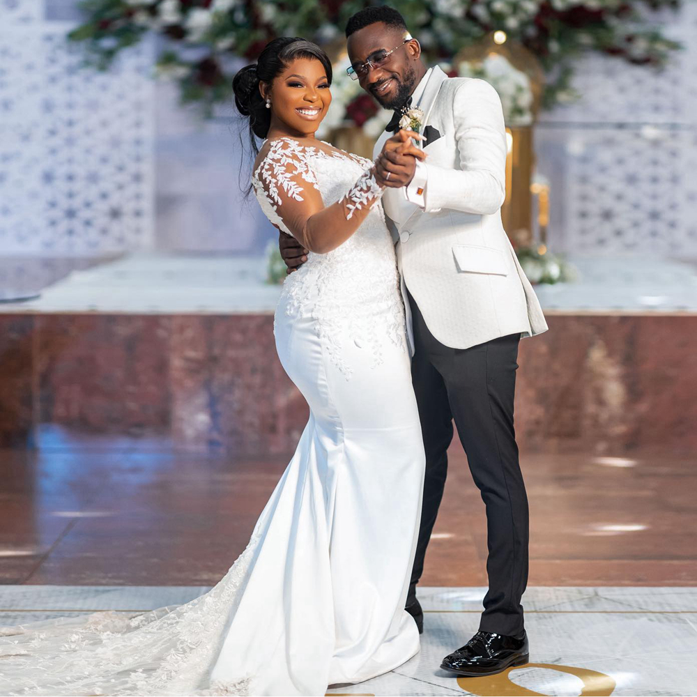 Mermaid Wedding Dress Bride Plus Size Sheer Neck Long Sleeves Lace Illusion Bridal Gowns for African Marriage Black Women Nigeria Girl CDW195