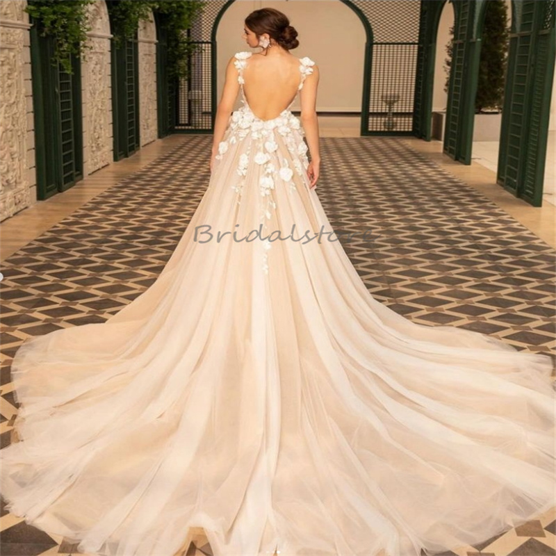 Elegant Champagne Bohemian Wedding Dress With 3D Floral Flowers Sexy V Neck A Line Fairy Tale Boho Wedding Dresses 2024 Backless Tulle Country Robe De