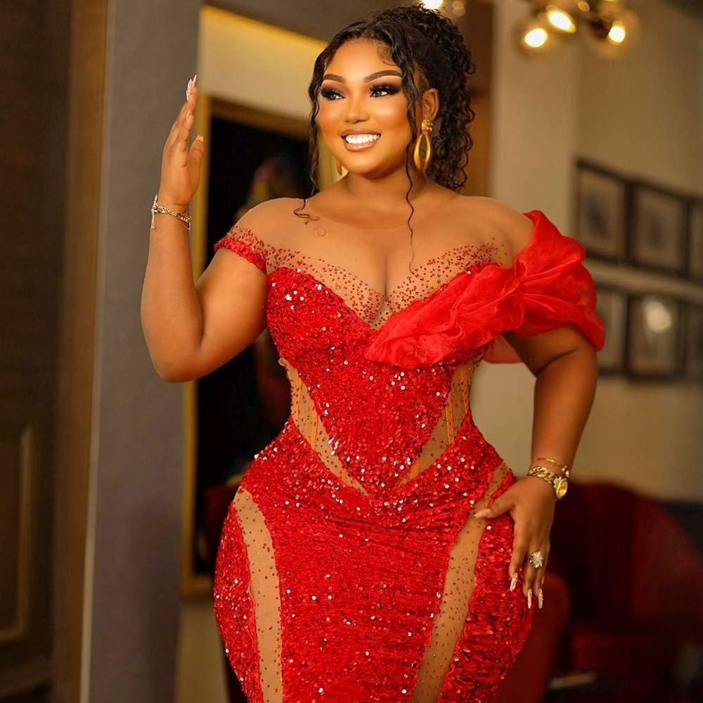 Aso Ebi Prom Dresses Plus Size Red Mermaid Sparkling Sequins Lace Short Sleeves Formal Evening Dresses Birthday Party Dress Engagement Gowns Vestido D