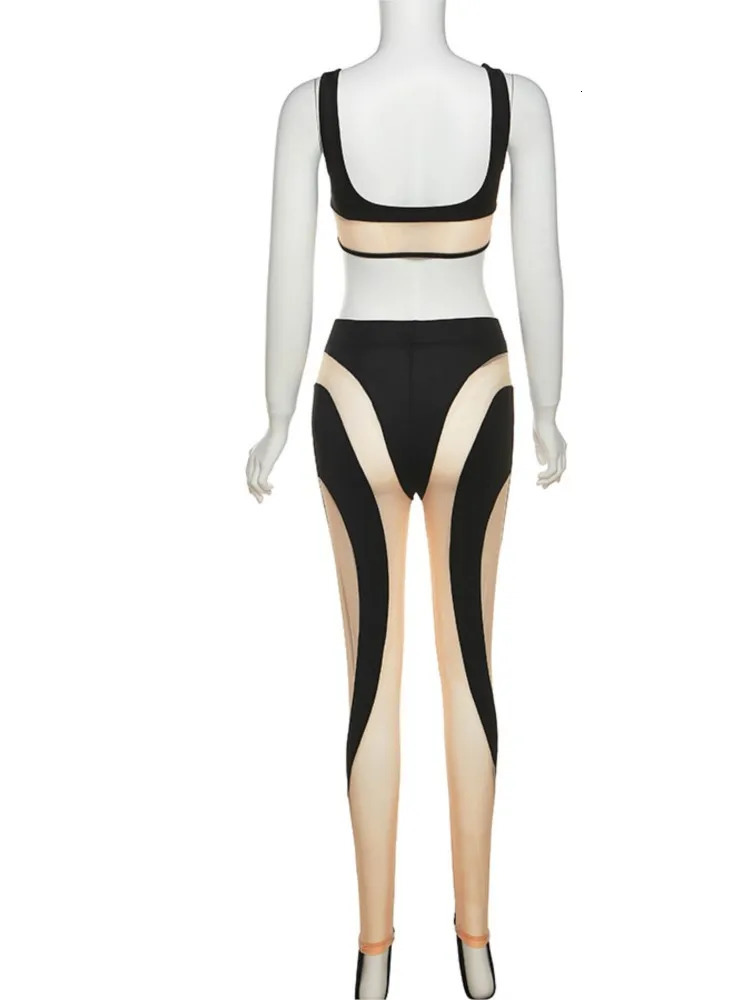 summer two piece set for women leggings matching set Sleeveless Sheer Mesh See Through Bodycon Jumpsuit women baddie outfits y2k 240112