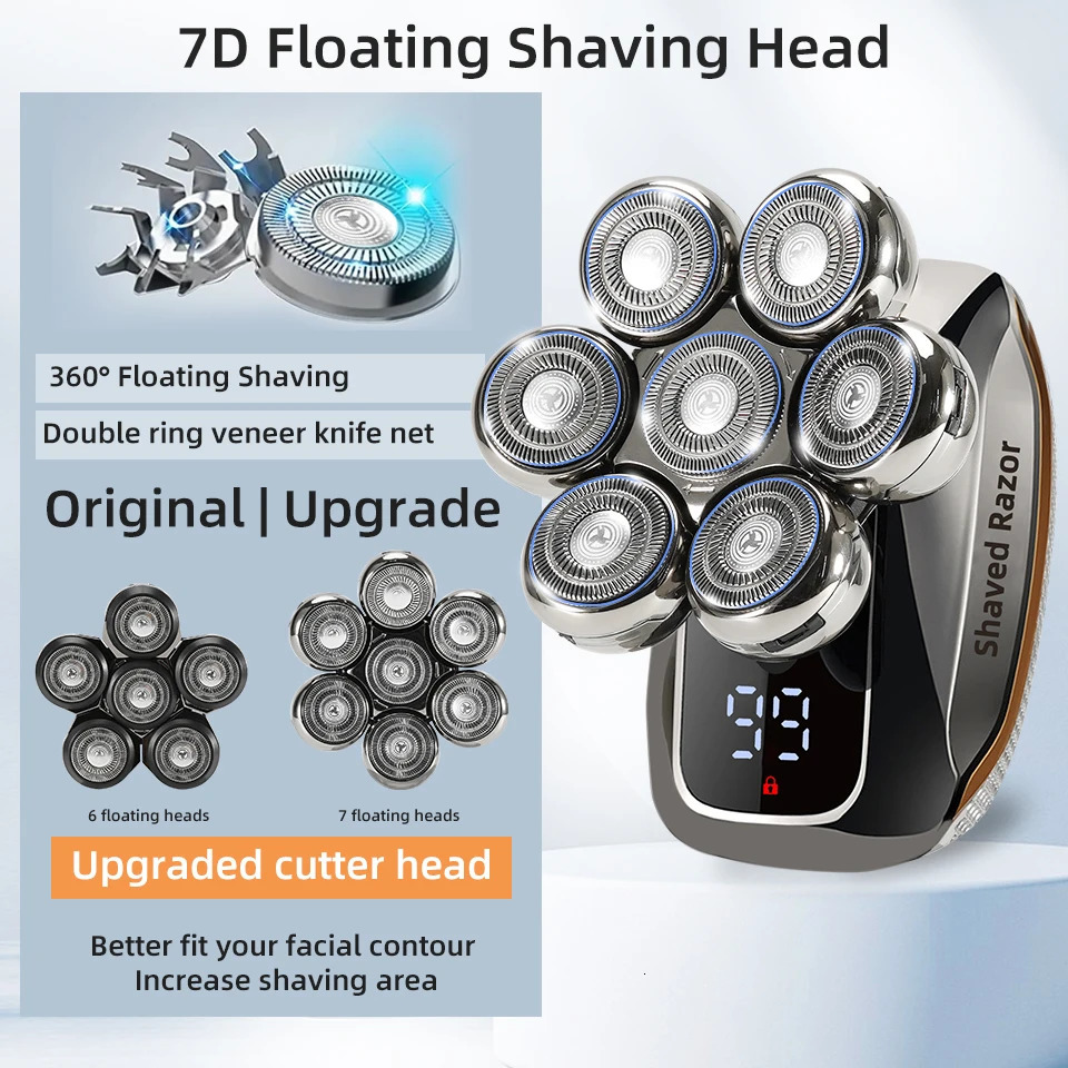 7D Electric Head Shaver for Bald Men High Quality Electric Men's Grooming Kit Cordless Waterproof LCD Head Shavers Rechargeable 240111