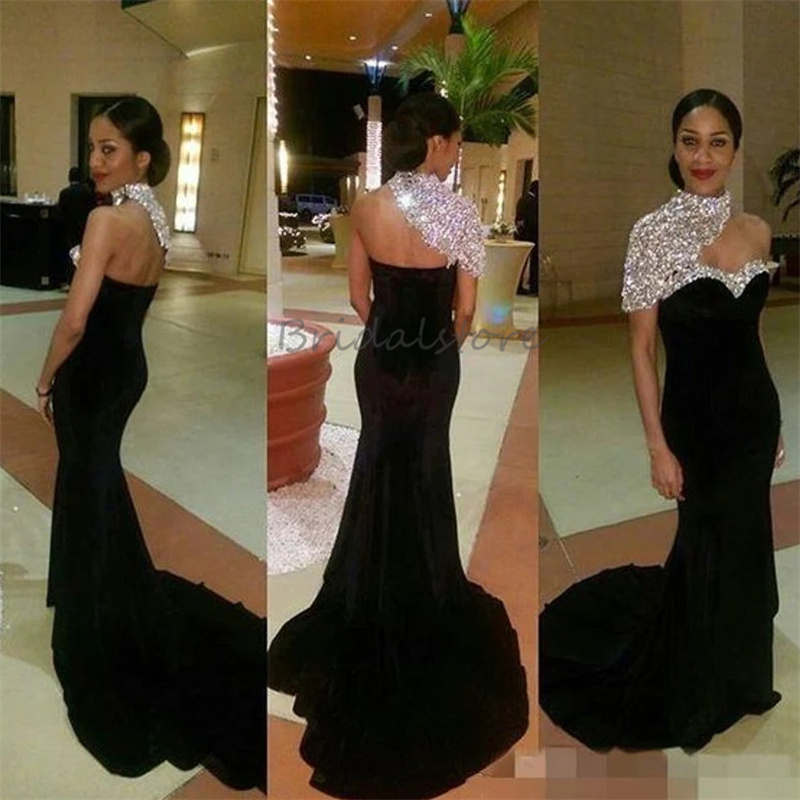 Rhinestone Mermaid Black Prom Dress High Neck Short Sleeves Velvet Black Girls Evening Dress Sexy Backless Sweep Train Formal Dress Vintage Birthday G