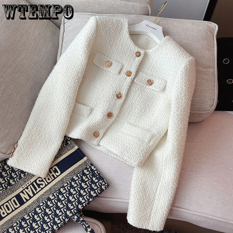 WTEMPO Korean Chic Female Tweed Basic Button Up Jacket Coat Women Autumn Winter Clothing Runway Style Woolen Outerwear 240112