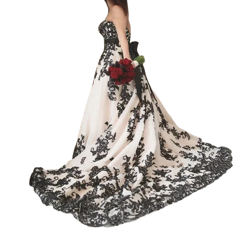 Vintage Black And White Gothic Wedding Dresses A Line Sweetheart Neck Lace Appliques Long Tulle Bridal Gowns Back Corset Plus Size Bride Dress 2024