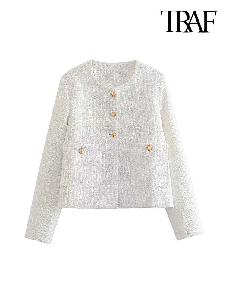 TRAF Women Fashion With Pockets Tweed Jack Coat Vintage Long Sleeve Front Button Female Outerwear Chic Tops 240112