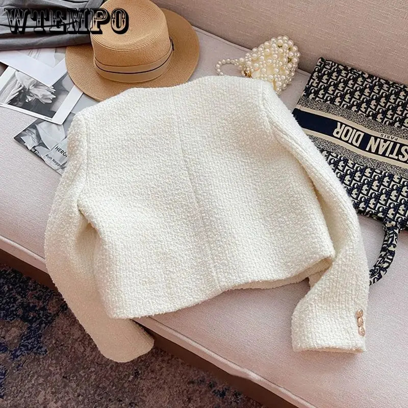 WTEMPO Korean Chic Female Tweed Basic Button Up Jacket Coat Women Autumn Winter Clothing Runway Style Woolen Outerwear 240112
